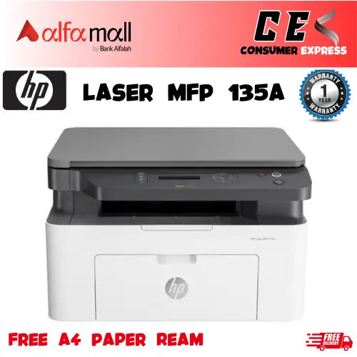 HP , Laser MFP 135a (4ZB82A) Printer , Black And White , 3-in-1 , Brand New , 1 Year Warranty (Free A4 Paper Ream)