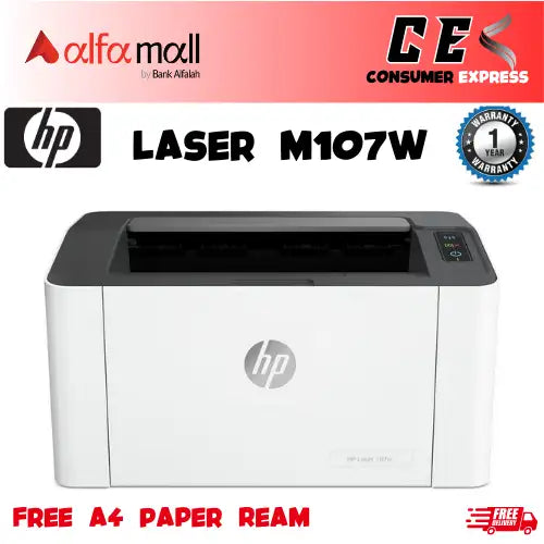 HP , Laser M107w Printer (4ZB78A) , Black And White , Wireless , Brand New , 1 Year Warranty (Free A4 Paper Ream)