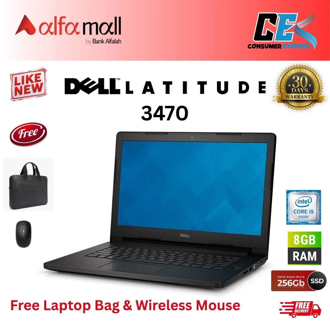 Dell Litude 3470 Corei56th Gen 8GB RAM 256GB SSD Nvidia GeForce 920M 2 GB Graphics Card 14 Inch Display (Like New) Free Laptop Bag & HP Mouse