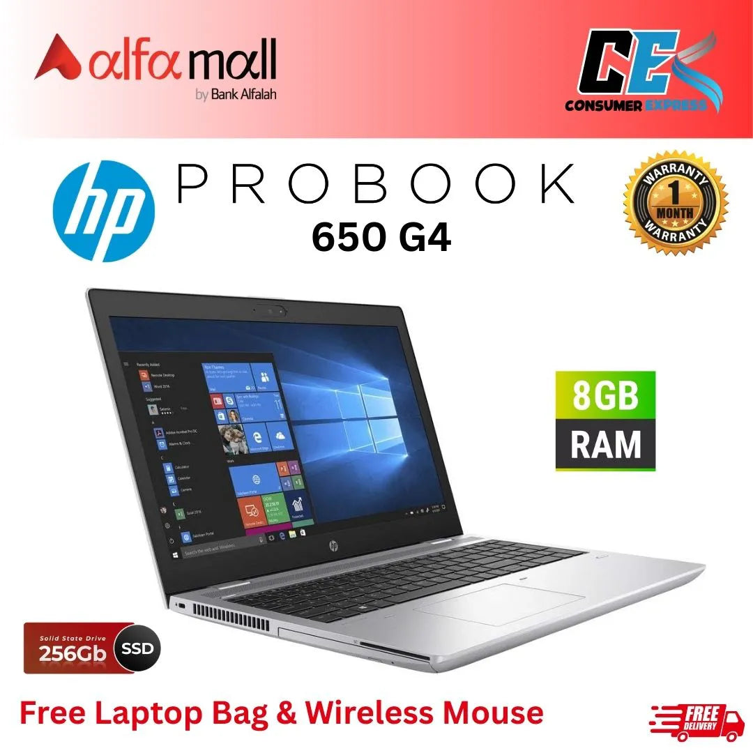 HP ProBook 650 G4 Core-i5-7th Gen 8GB RAM 256GB SSD 15.6-Inch Display (Like New) - Free Bag & HP Wireless Mouse