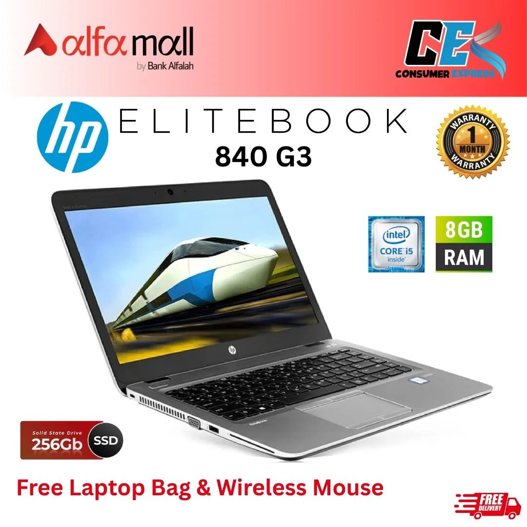 HP EliteBook 840 G3 Core-i5-6th Gen 8 GB RAM 256 GB SSD 14-Inch Display (Like New) - Free Bag & HP Wireless Mouse