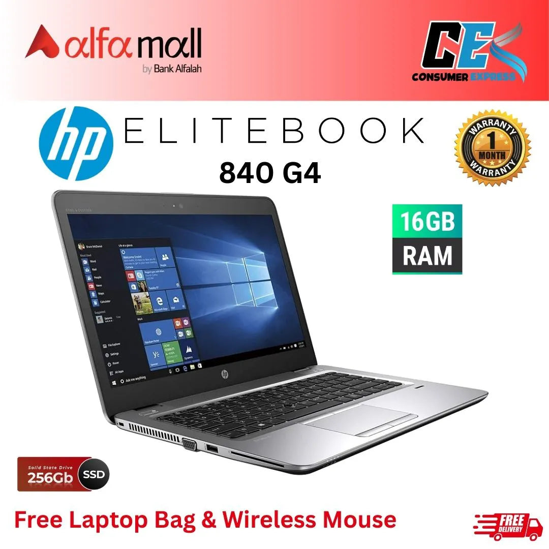 HP EliteBook 840 G4 Core-i5-7th Gen 8 GB RAM 256 GB SSD 14-Inch Display (Like New) - Free Bag & HP Wireless Mouse