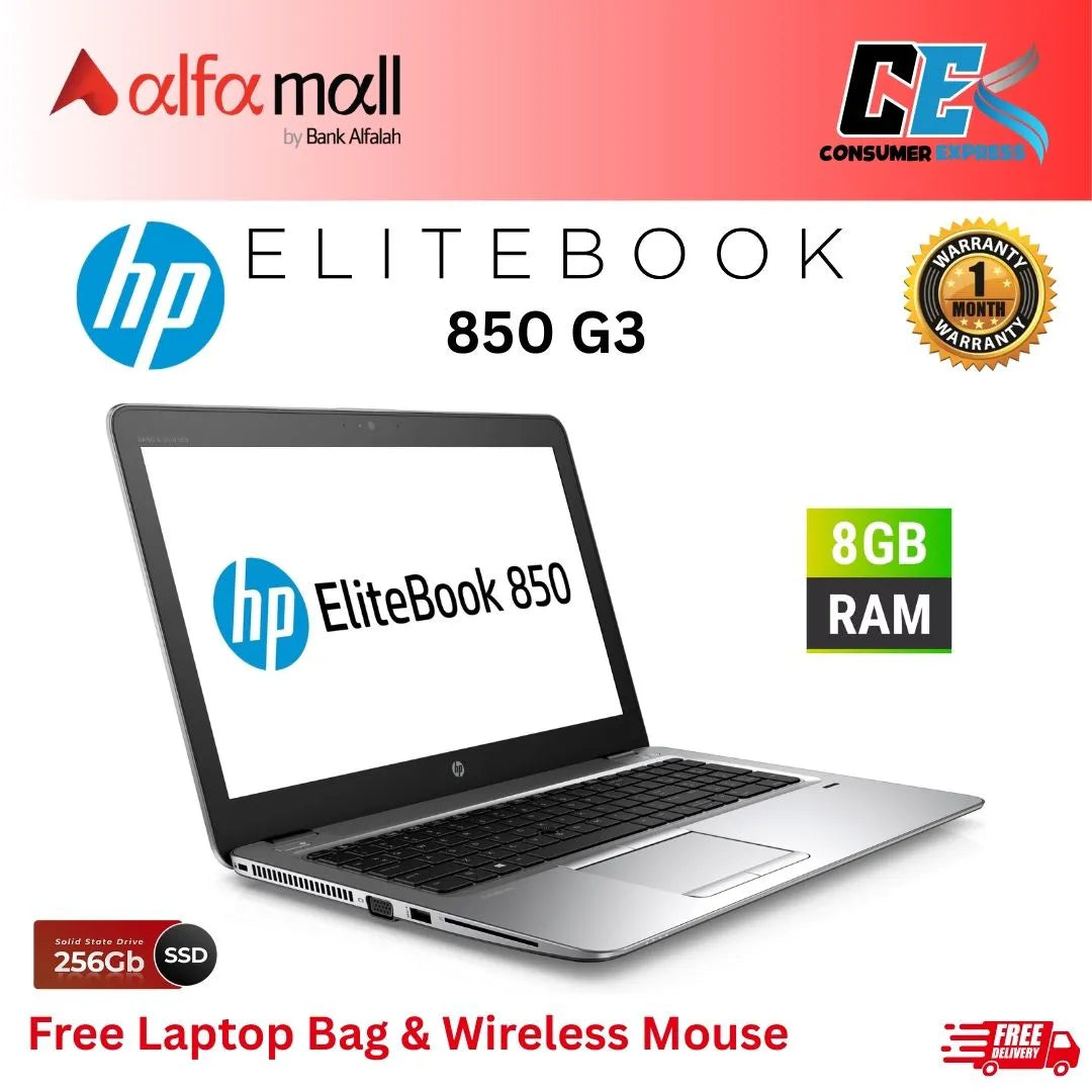 HP EliteBook 850 G3 Core-i5-6th Gen 8GB RAM 256GB SSD 15.6-Inch Display (Like New) - Free Bag & HP Wireless Mouse