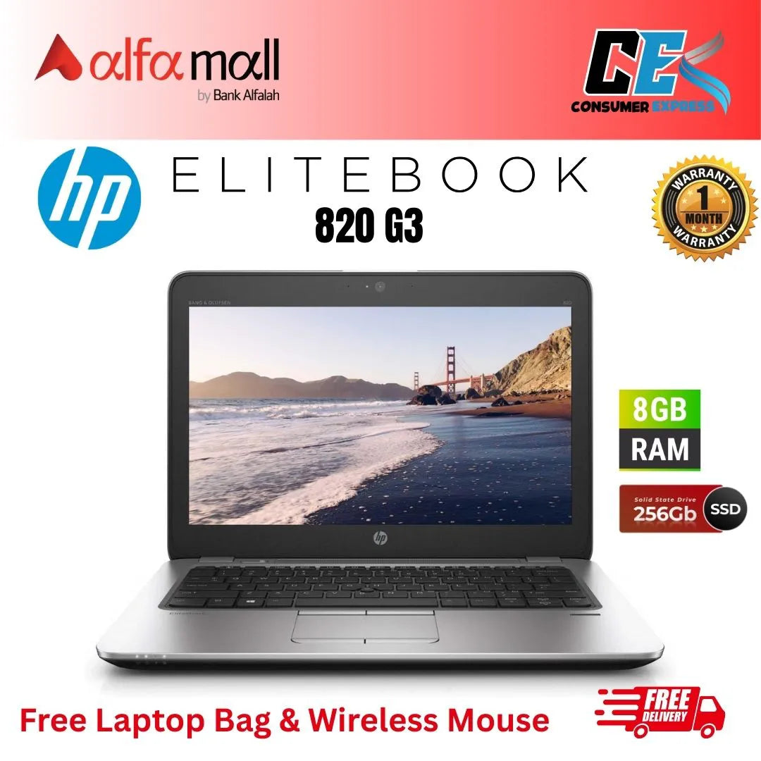 HP EliteBook 820 G3 Core-i5-6th Gen 8 GB RAM 256 GB SSD 12.5-Inch Display (Like New) - Free Bag & HP Wireless Mouse