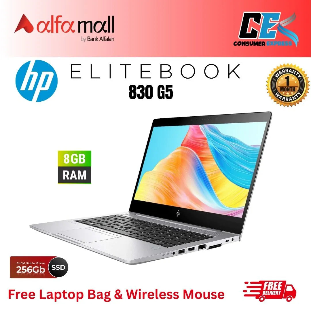 HP EliteBook 830 G5 Core-i5-8th Gen 8GB RAM 256GB SSD 13.3-Inch Display (Like New) - Free Bag & HP Wireless Mouse