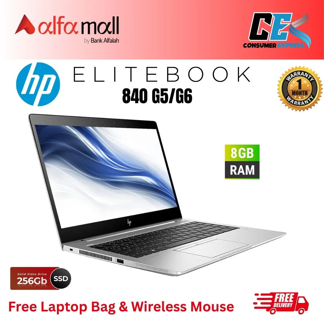 HP EliteBook 840 G5/G6 Core i5 8th Gen 8GB, 256GB SSD 14 Inch Display, Face Lock, Fingerprint Reader (Like New) - Free Bag & HP Wireless Rechargeable Mouse