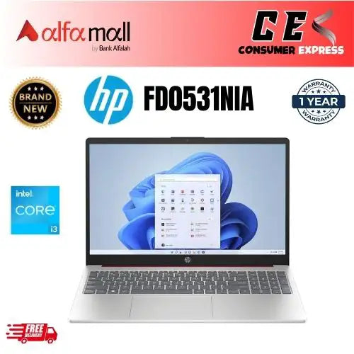 HP 15s FD0531NIA , Core i3-1315U 13th Gen , 4GB RAM , 256GB SSD , Intel UHD Graphics , 15.6" FHD Display , Backlit Keyboard , DOS , Natural Silver (Brand New, International Warranty)
