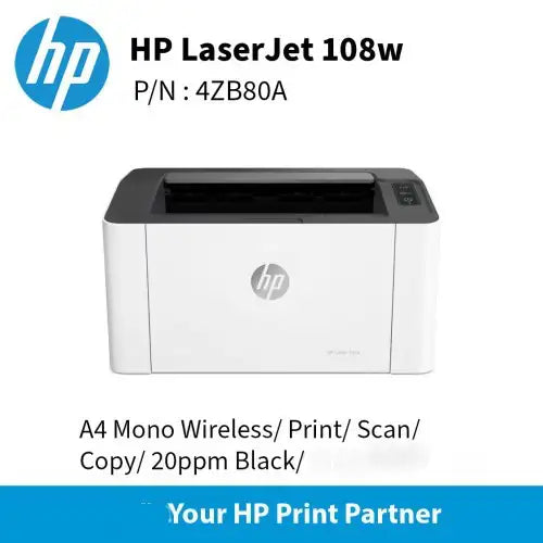 HP , Laser 108w Printer (4ZB80A) , Black And White , Wi-Fi , Brand New , 1 Year Warranty (Free A4 Paper Ream)