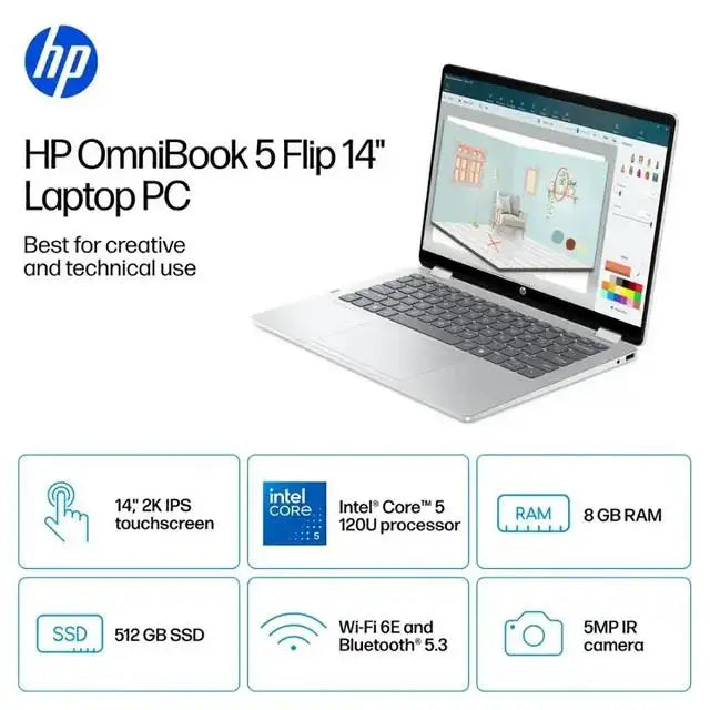 HP OMNIBOOK 5 FLIP 14 FP0013DX , INTEL CORE 5-120U, 8GB RAM, 512GB SSD, INTEL GRAPHICS, 14" 2K IPS LED TOUCH X360, BACKLIT ENGLISH KEYBOARD, WIN11 HOME, GLACIER SILVERADO (Brand New, International Warranty)
