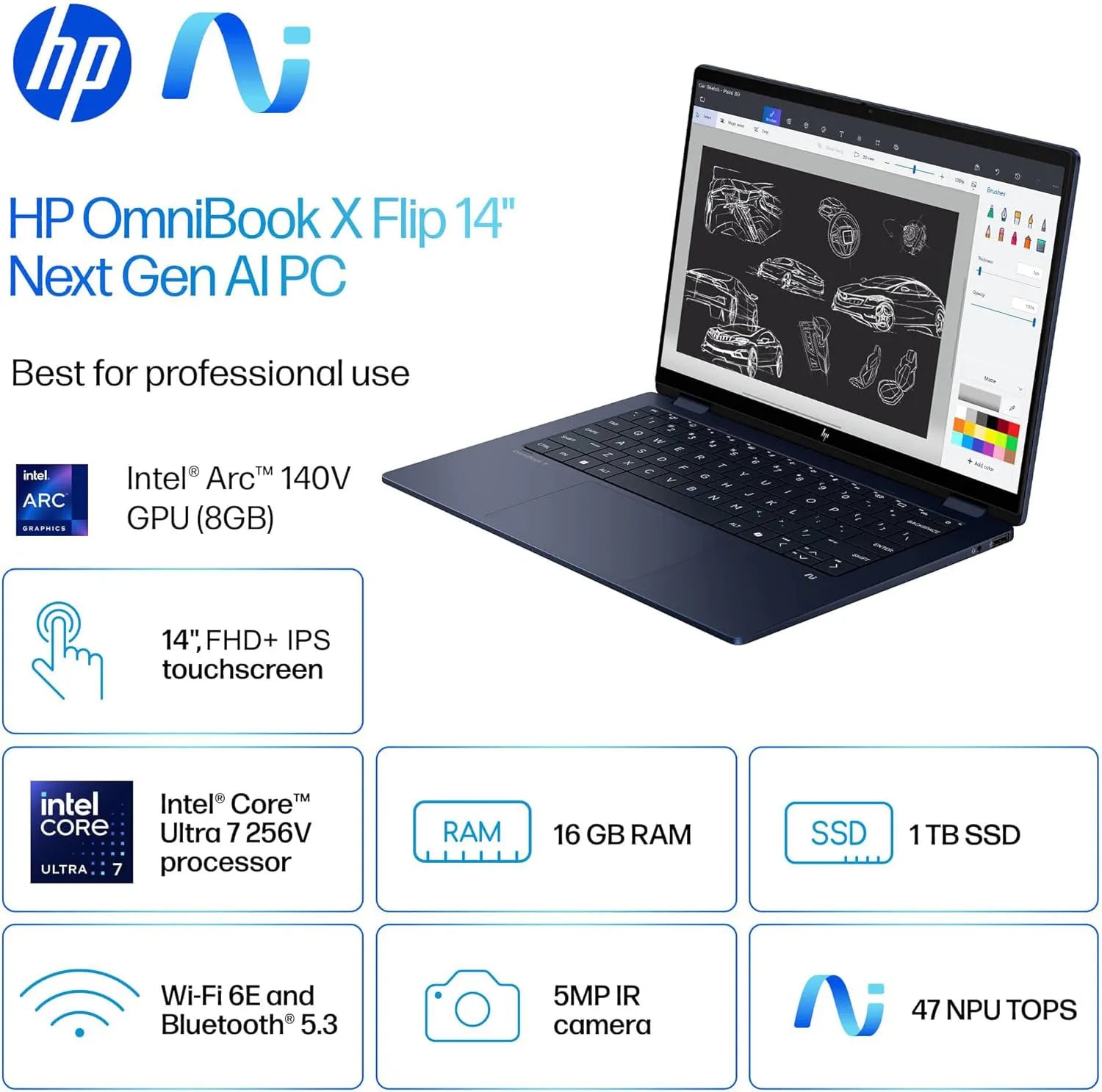 HP OMNIBOOK X FLIP 14 FM0023DX ,INTEL CORE ULTRA 7-256V, 16GB RAM, 1TB SSD, INTEL ARC 140V Copilot+PC, 14" 2K IPS LED TOUCH X360, BACKLIT ENGLISH KEYBOARD,WIN11 HOME, BLUE (Brand New, International Warranty)