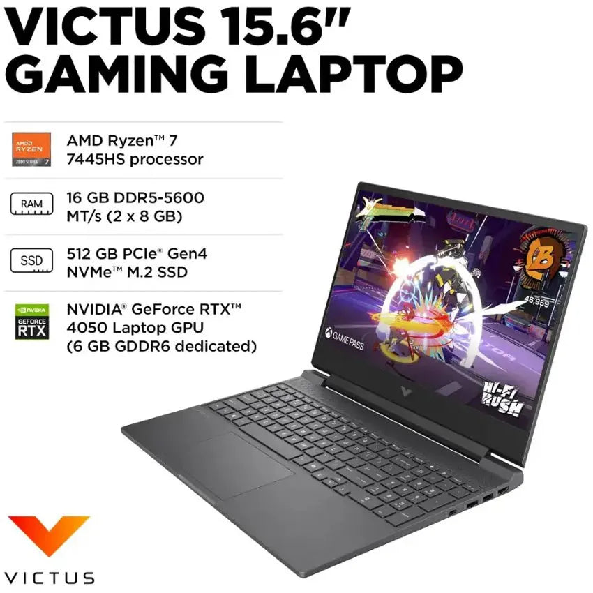 HP VICTUS 15 FB3093DX , RYZEN 7 7TH GEN 7445HS, 16GB RAM, 512GB SSD, RTX 4050 6GB, 15.6'' FHD DISPLAY IPS 144Hz, BACKLIT ENG KB, SILVER, WIN11 (Brand New, International Warranty)
