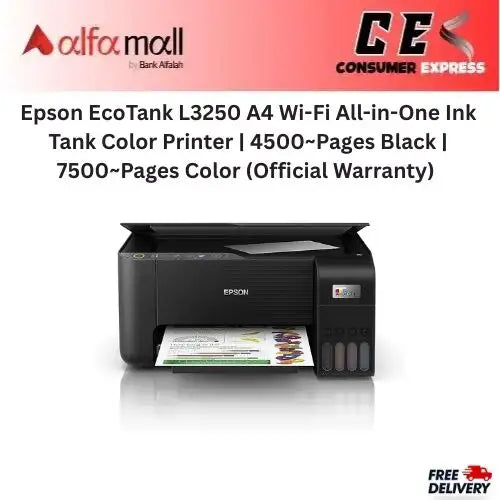 Eps EcoTank L3250 A4 WiFi Alline Ink Tank Color Printer  4500~Pages Black  7500~Pages Color (Official Warranty)