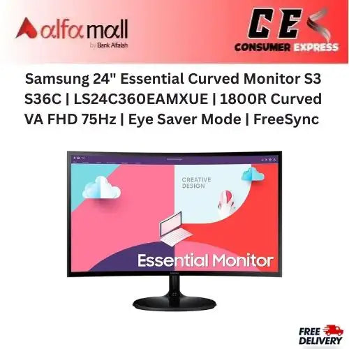 Samsung 24" Essential Curved Mitor S3 S36C  LS24C360EAMXUE  1800R Curved VA FHD 75Hz  Eye Saver Mode  FreeSync