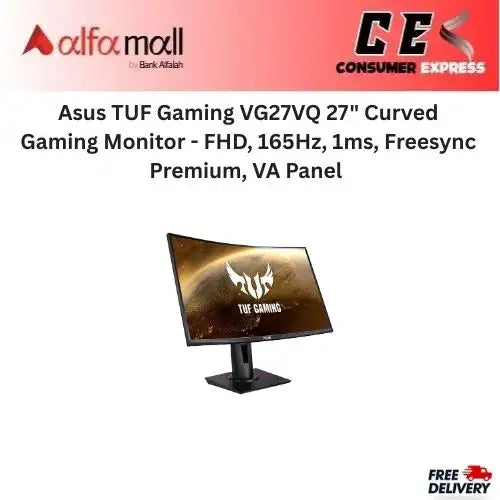 Asus TUF Gaming VG27VQ 27" Curved Gaming Mitor  FHD, 165Hz, 1ms, Freesync Premium, VA Panel
