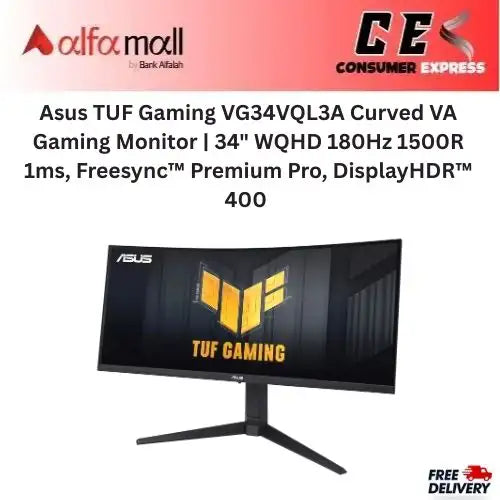 Asus TUF Gaming VG34VQL3A Curved VA Gaming Mitor  34" WQHD 180Hz 1500R 1ms, Freesync Premium Pro, DisplayHDR 400