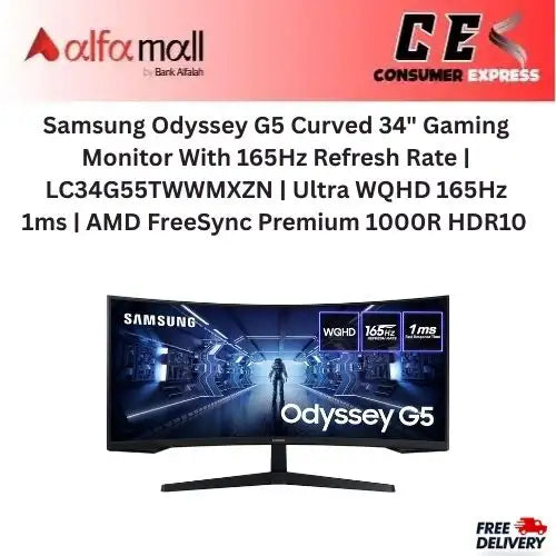 Samsung Odyssey G5 Curved 34" Gaming Mitor With 165Hz Refresh Re  LC34G55TWWMXZN  Ultra WQHD 165Hz 1ms  AMD FreeSync Premium 1000R HDR10