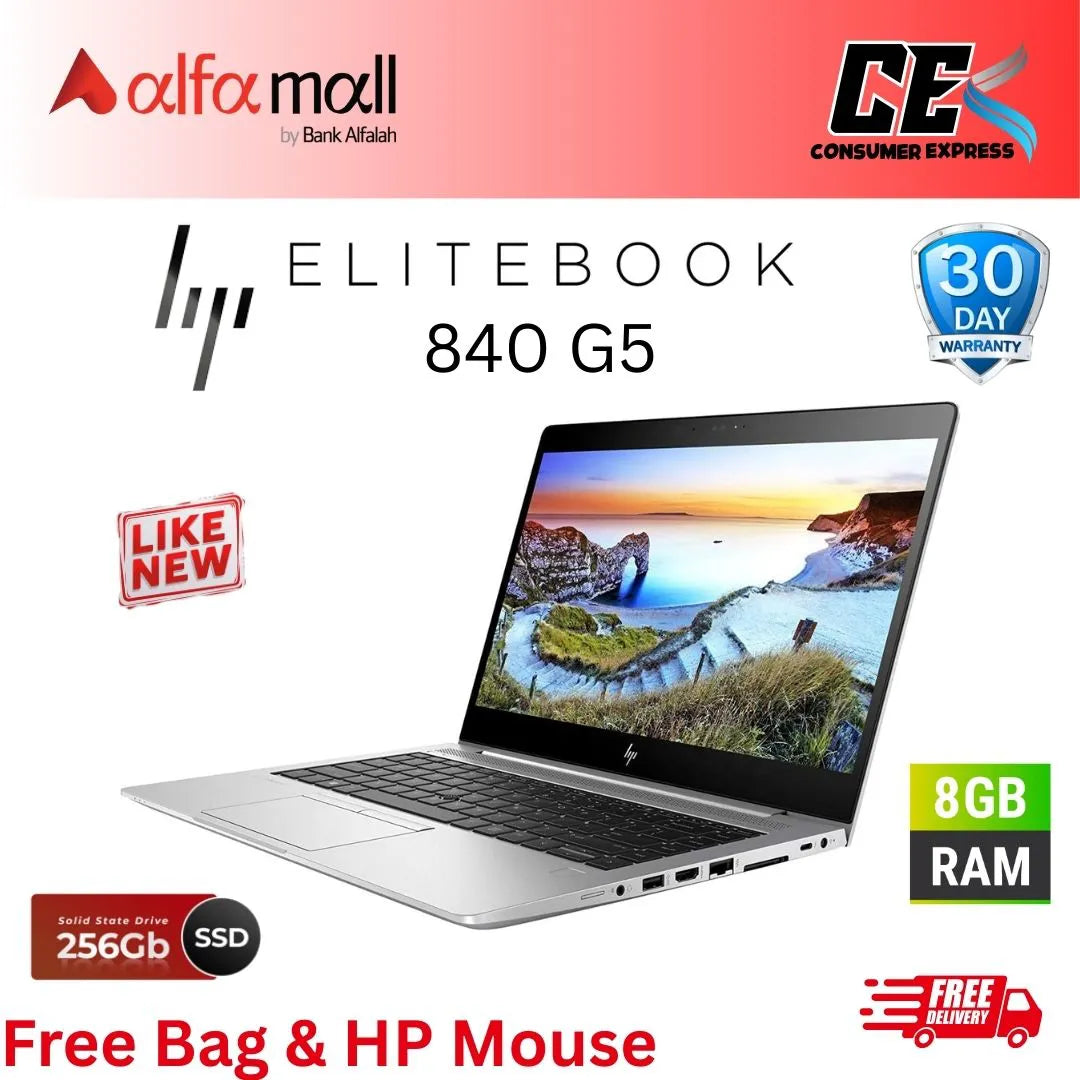 HP EliteBook 840 G5 , Core i5 7th Gen (i5-7300U) 8GB RAM 256GB SSD 14" Display, Free Bag & Mouse (Like New)
