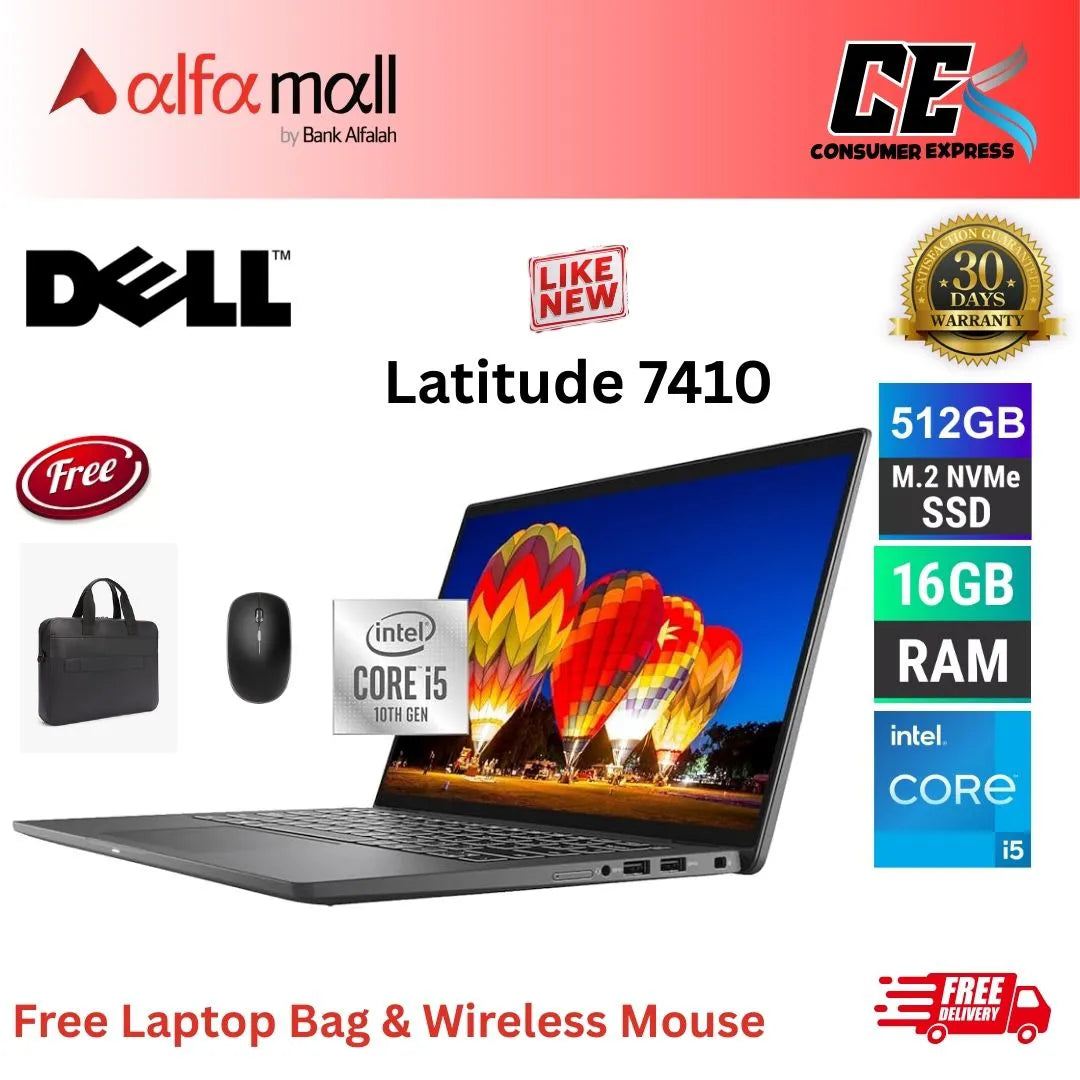 Dell Litude 7410 Corei5 10th Gen 16 GB RAM 512 GB SSD 14 Inch Display (Like New) Free Laptop Bag & HP Mouse