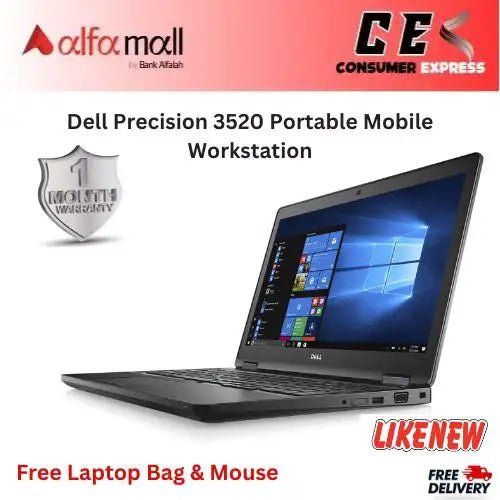 Dell Precision 3520 Portable Mobile Workstation | Intel Xeon E3-1505M v6, 16GB DDR4, 256GB SSD, NVIDIA Quadro M620 2GB GDDR5 15.6" FHD Display, Windows 10 Pro (Like New) Free Bag & HP Mouse - (Installment)