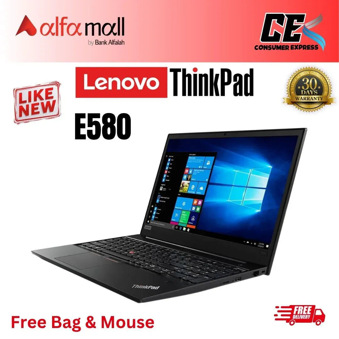 Lenovo Thinkpad E580 8th Gen Core i5-8250u QuadCore Processor 8GB 256GB SSD Webcam Charger 15.6" HD Display (Like New) Free Bag & HP Wireless Mouse (0% Markup Upto 6 Months)