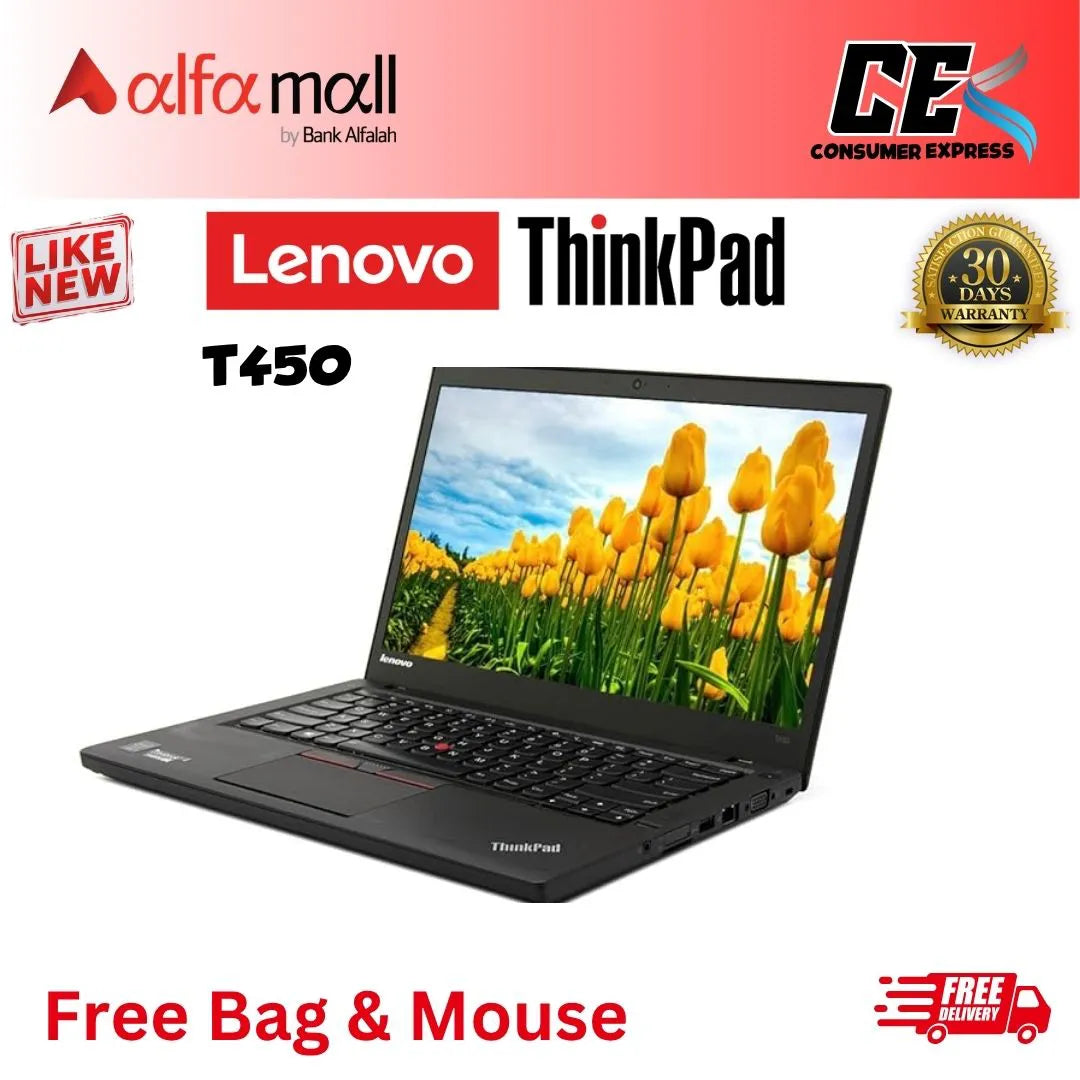 Lenovo ThinkPad T450 Core-i5-5th Gen 8 GB RAM 256 GB SSD 14-Inch Display (Like New) - Free Bag & HP Mouse (Installment)