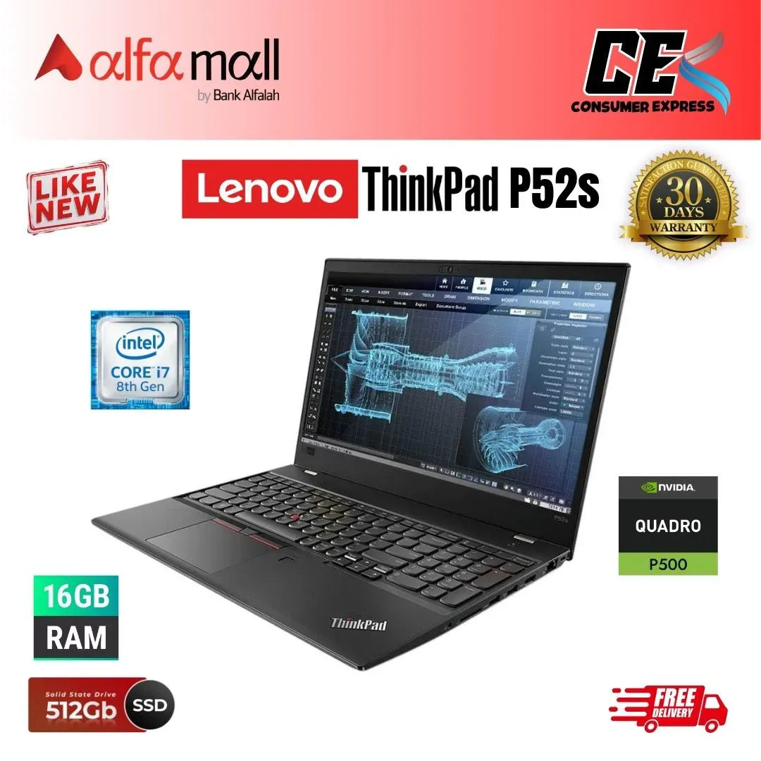 Lenovo ThinkPad P52s Intel Core i78550U 16GB DDR4 256GB NVMe SSD 15.6" FHD Display NVIDIA Quadro P500 2GB GDDR5 Graphic Card (Like New) Free Bag & HP Wireless Mouse (0% Markup Upto 6 Months)