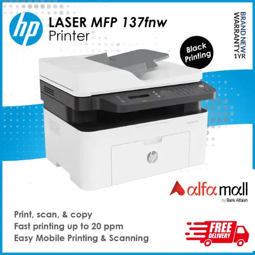 HP Laser MFP 137FNW A4 Mono Multifunctional Laser Printer (Official HP 1 Year Warranty)