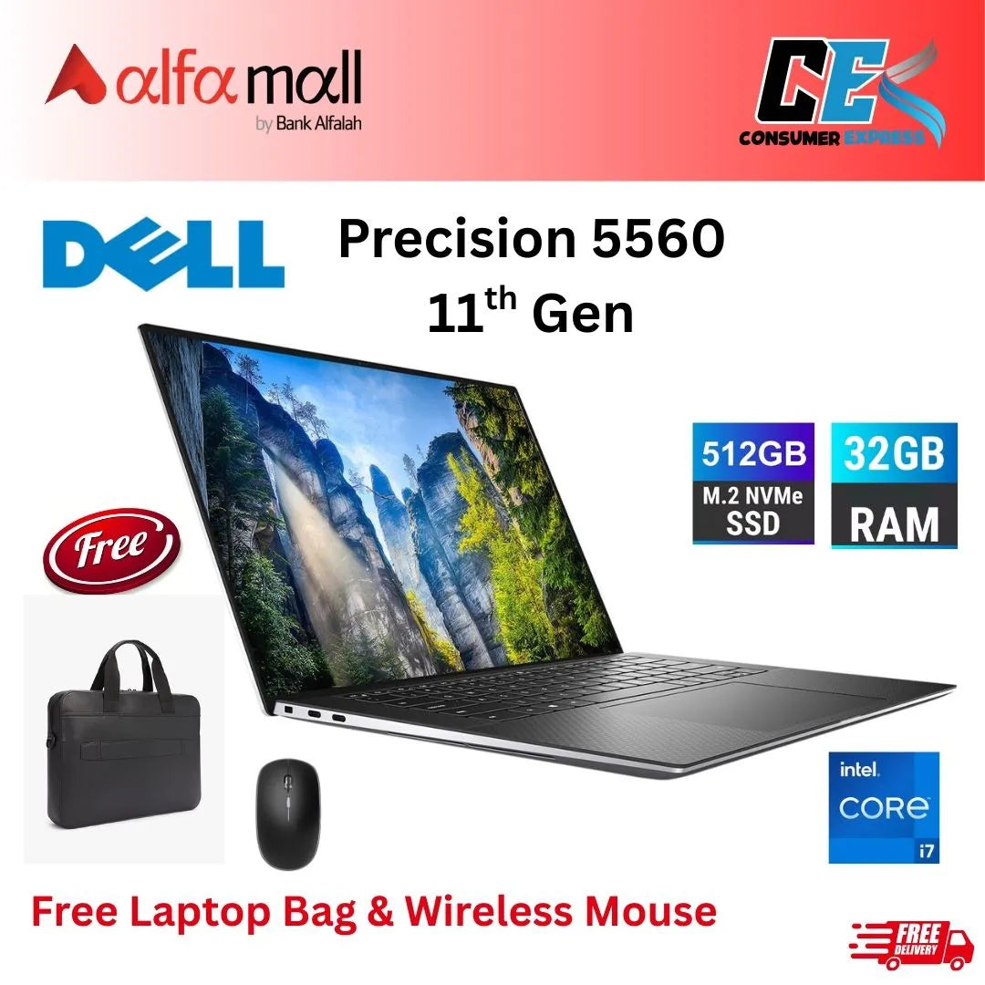 Dell Precision 5560 Workstation 15.6Inch 1920x1200 FHD+ Core i711850H (11th Gen) 512GB SSD Hard Drive 32GB RAM Nvidia RTX A2000 8 cores 4.8 GHz 4GB GDDR6 Silver (Like New)
