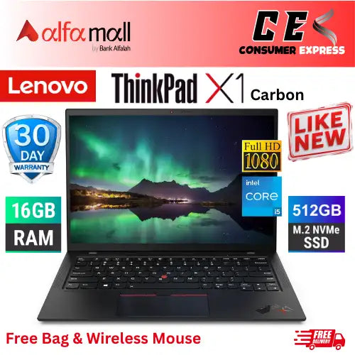 Lenovo ThinkPad X1 Carbon 14-Inch Ultrabook, Intel Core i5-1135G7/1145G7, 16GB RAM, 512GB SSD, Intel Iris Xe Graphics, Windows 10 Pro (Like New) Free Bag & HP Wireless Mouse