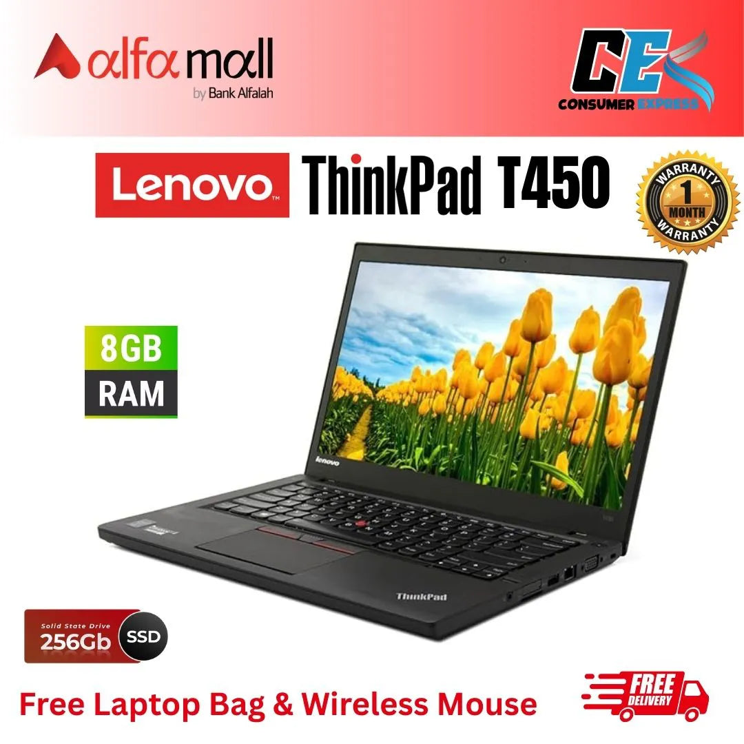 Lenovo ThinkPad T450 Core-i5-5th Gen 8 GB RAM 256 GB SSD 14-Inch Display (Like New) - Free Bag & HP Wireless Mouse