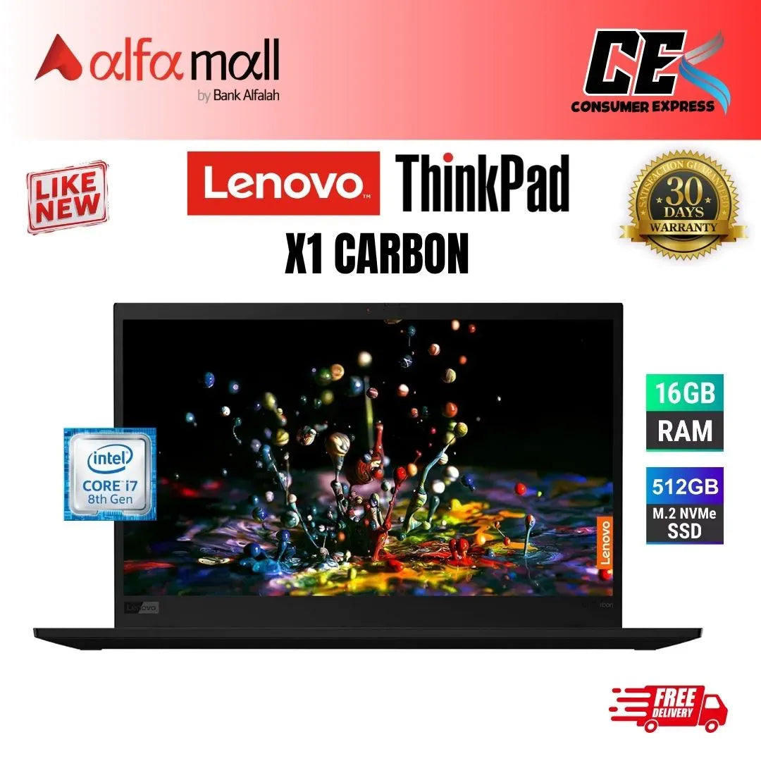 Lenovo Thinkpad X1 Carbon 8th Gen Intel Core i7-8550U Intel UHD 620 16GB DDR4 RAM 512GB SSD Backlit Keyboard FP Reader Charger 14 Inch Display (Like New) Free Bag & HP Wireless Mouse (0% Markup Upto 6 Months)